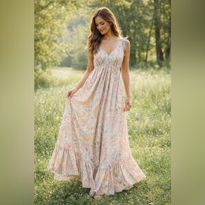 Pastel Paisley Boho Maxi Dress Cottagecore Spring Festival [000287]